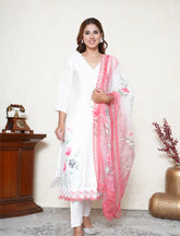 White Handpainted Suit Set with Georgia peach Contrast Dupatta