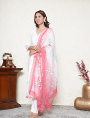 White Handpainted Suit Set with Georgia peach Contrast Dupatta