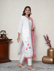 White Handpainted Suit Set with Georgia peach Contrast Dupatta