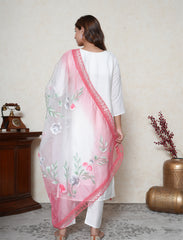 White Handpainted Suit Set with Georgia peach Contrast Dupatta