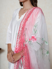 White Handpainted Suit Set with Georgia peach Contrast Dupatta