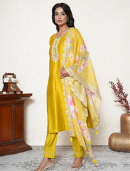Citrine Yellow Embroidered Suit Set with Floral Dupatta