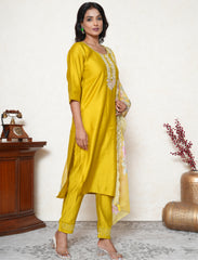 Citrine Yellow Embroidered Suit Set with Floral Dupatta