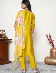 Citrine Yellow Embroidered Suit Set with Floral Dupatta