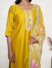 Citrine Yellow Embroidered Suit Set with Floral Dupatta