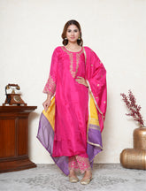 Fuscia pink embroidered suit with multicolour dupatta