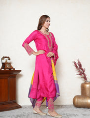 Fuscia pink embroidered suit with multicolour dupatta