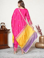 Fuscia pink embroidered suit with multicolour dupatta
