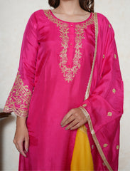 Fuscia pink embroidered suit with multicolour dupatta