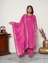 magenta pink digital printed suit with fine embroidery