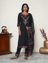 Black Embroidered Suit Set with Organza Dupatta
