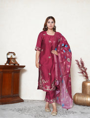 Barn Red Embroidered Suit Set with Floral Dupatta