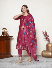 Barn Red Embroidered Suit Set with Floral Dupatta