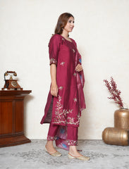 Barn Red Embroidered Suit Set with Floral Dupatta