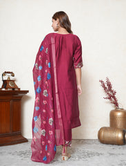 Barn Red Embroidered Suit Set with Floral Dupatta