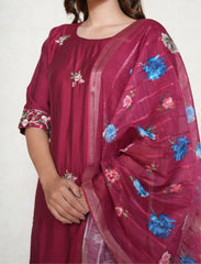 Barn Red Embroidered Suit Set with Floral Dupatta