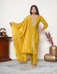 Dijon Yellow Embroidered Suit Set with Banarasi Woven Dupatta