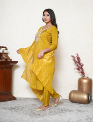 Dijon Yellow Embroidered Suit Set with Banarasi Woven Dupatta