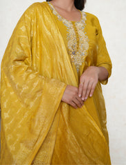 Dijon Yellow Embroidered Suit Set with Banarasi Woven Dupatta
