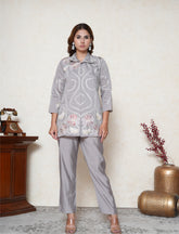 Glossy Grape Purple Embroidered Co-ord Set with Collar Neck