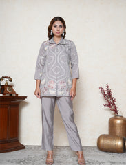 Glossy Grape Purple Embroidered Co-ord Set with Collar Neck