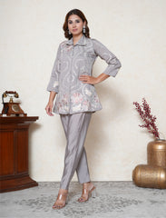 Glossy Grape Purple Embroidered Co-ord Set with Collar Neck