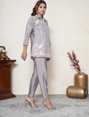 Glossy Grape Purple Embroidered Co-ord Set with Collar Neck