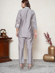 Glossy Grape Purple Embroidered Co-ord Set with Collar Neck