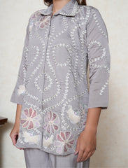 Glossy Grape Purple Embroidered Co-ord Set with Collar Neck