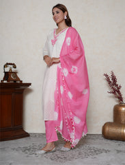 Off-white cotton suit with pink embroidered neckline