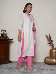 Off-white cotton suit with pink embroidered neckline