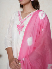 Off-white cotton suit with pink embroidered neckline