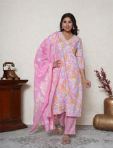 Rose pink floral printed cotton suit set