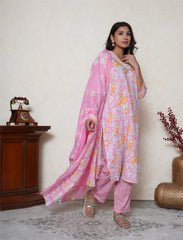 Rose pink floral printed cotton suit set