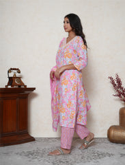 Rose pink floral printed cotton suit set