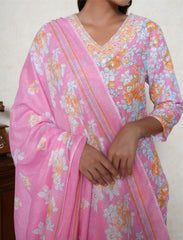 Rose pink floral printed cotton suit set