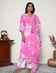 Plus size persian pink floral printed cotton suit set