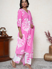 Plus size persian pink floral printed cotton suit set