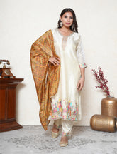 Ivory kurta set with colourful embroidery