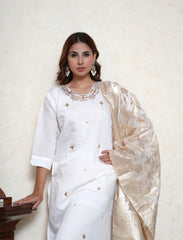 Powder white and gold mirror and cut dana embroidered suit set