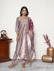 Cinerous Taupe Embroidered Suit Set with Printed Floral organza Dupatta