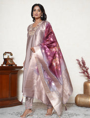 Cinerous Taupe Embroidered Suit Set with Printed Floral organza Dupatta