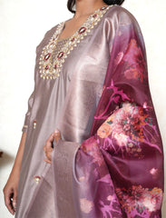 Cinerous Taupe Embroidered Suit Set with Printed Floral organza Dupatta