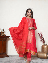 Crimson Red Embroidered banarasi Kurta Set