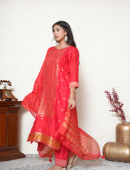 Crimson Red Embroidered banarasi Kurta Set