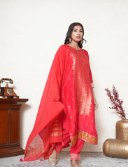Crimson Red Embroidered banarasi Kurta Set
