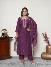 Purple embroidered Kurta with pants and Dupatta set