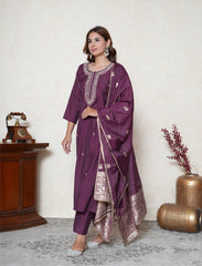Purple embroidered Kurta with pants and  Dupatta set
