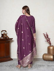 Purple embroidered Kurta with pants and  Dupatta set