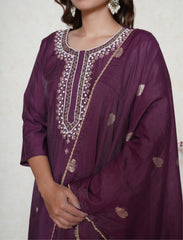 Purple embroidered Kurta with pants and  Dupatta set